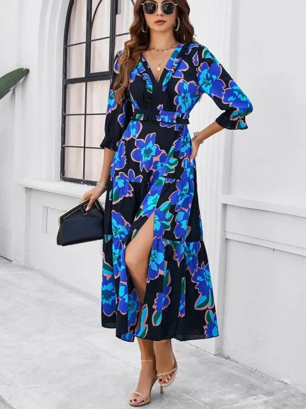 Holiday Casual Printed V-Neck Slit Dress -Guocali