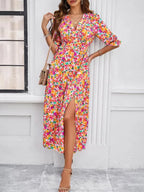 Holiday Casual Printed V-Neck Slit Dress -Guocali