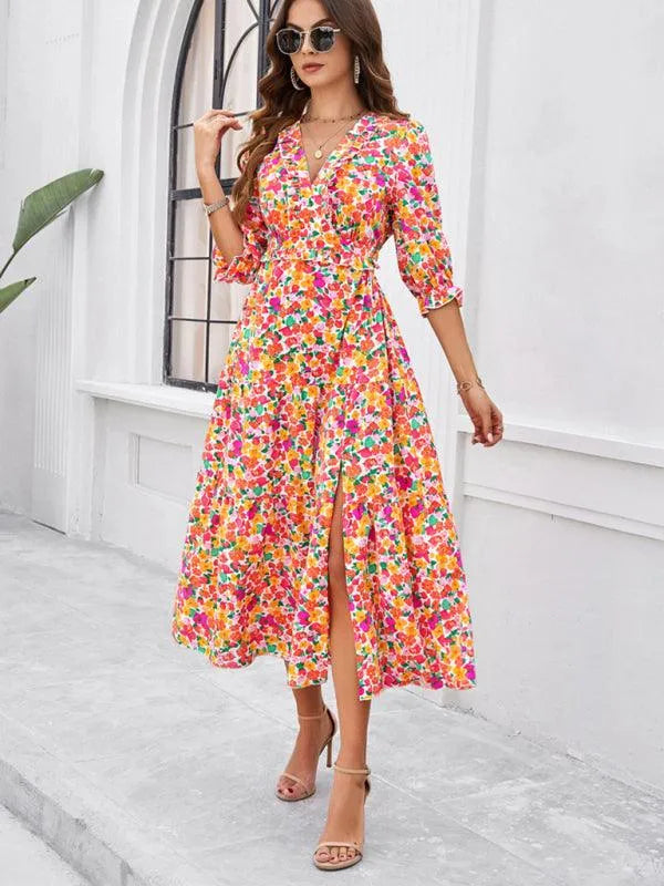 Holiday Casual Printed V-Neck Slit Dress -Guocali