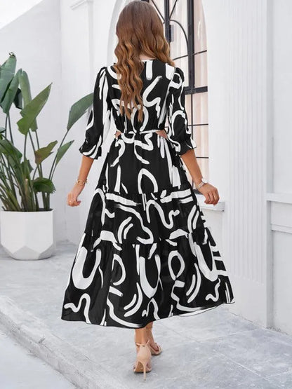 Holiday Casual Printed V-Neck Slit Dress -Guocali