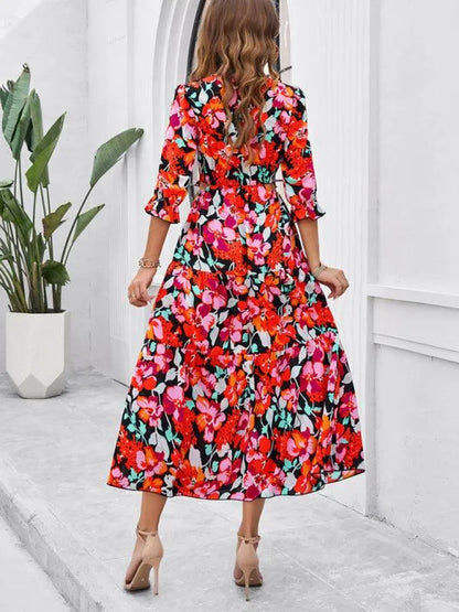 Holiday Casual Printed V-Neck Slit Dress -Guocali