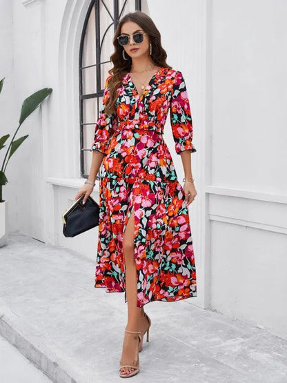 Holiday Casual Printed V-Neck Slit Dress -Guocali