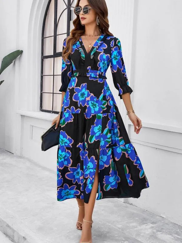 Holiday Casual Printed V-Neck Slit Dress -Guocali