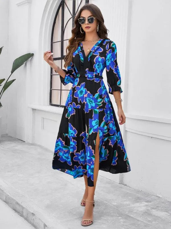 Holiday Casual Printed V-Neck Slit Dress -Guocali