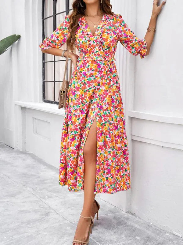 Holiday Casual Printed V-Neck Slit Dress -Guocali