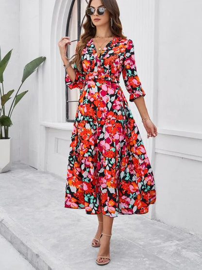 Holiday Casual Printed V-Neck Slit Dress -Guocali