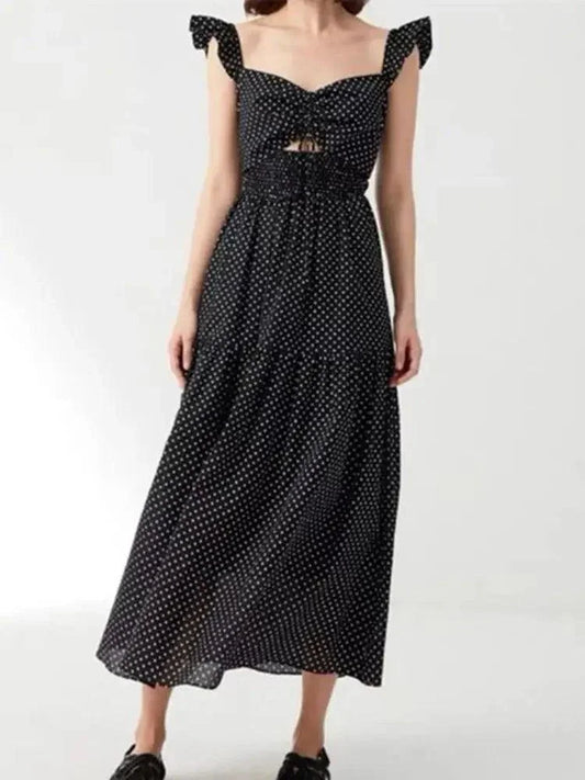 Hollow Lace-Up Long Black Dress -Guocali