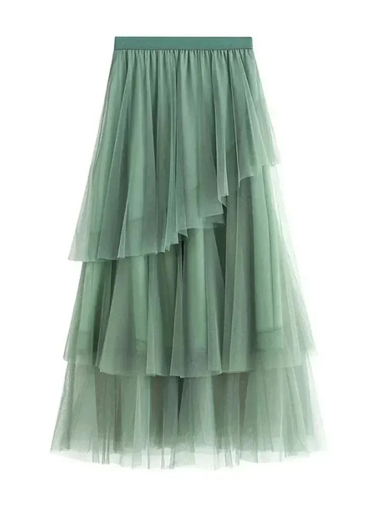 Irregular Mesh High-Waisted Long Skirt -Guocali