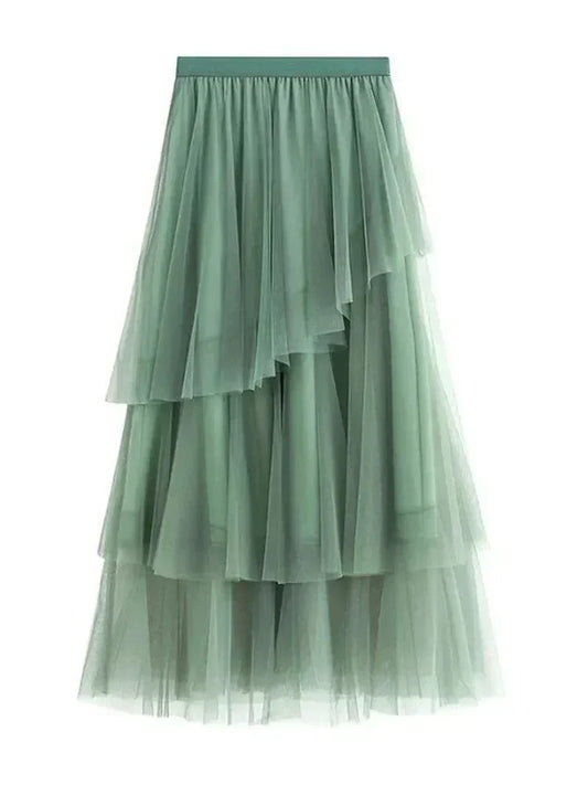 Irregular Mesh High-Waisted Long Skirt -Guocali