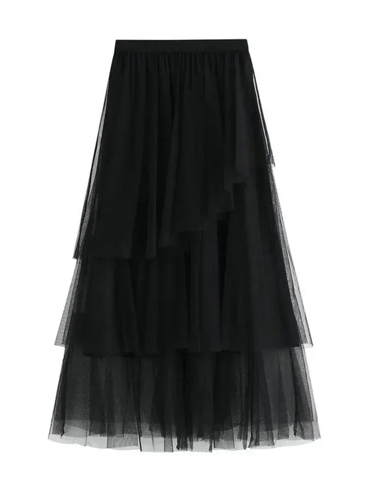 Irregular Mesh High-Waisted Long Skirt -Guocali