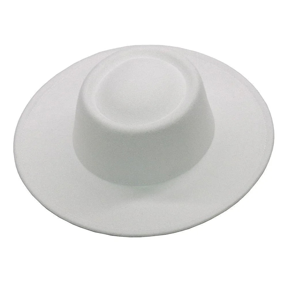 White fedora hat with a wide brim on a plain white background