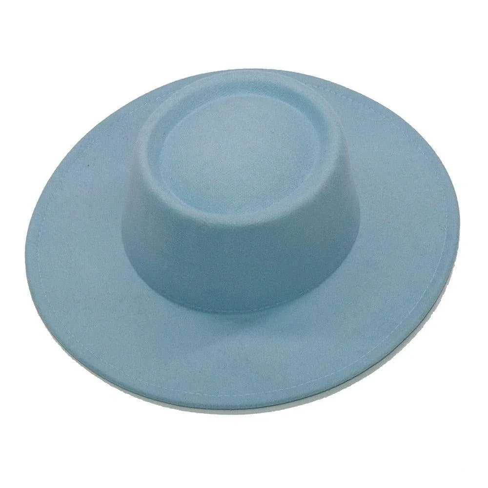 Light blue wide-brim fedora hat with flat top on white background