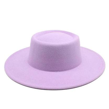 Light purple fedora hat with wide brim on white background