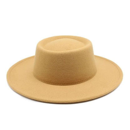 Camel wide brim fedora hat with flat top, stylish felt accessory on white background