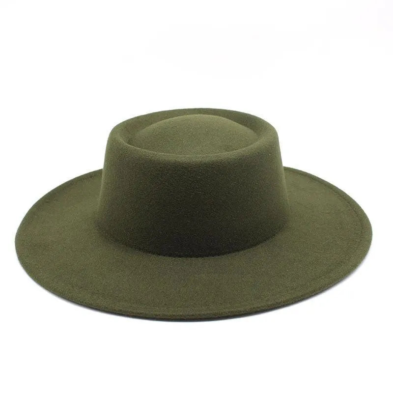 Olive green wide-brim fedora hat on a white background