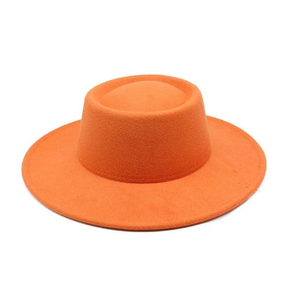 Bright orange fedora hat with wide brim on white background