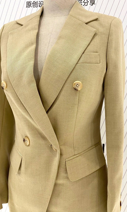 Khaki Women Pant Suit - Double Breasted Trouser Suit -Guocali