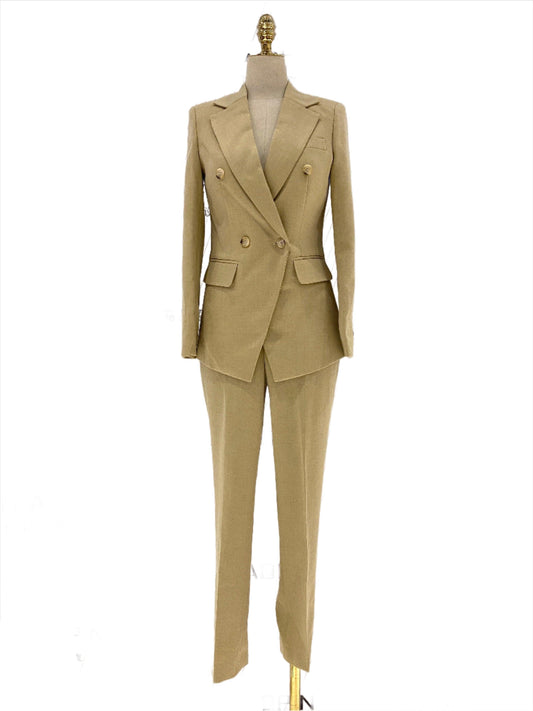 Khaki Women Pant Suit - Double Breasted Trouser Suit - Pantsuit - Guocali