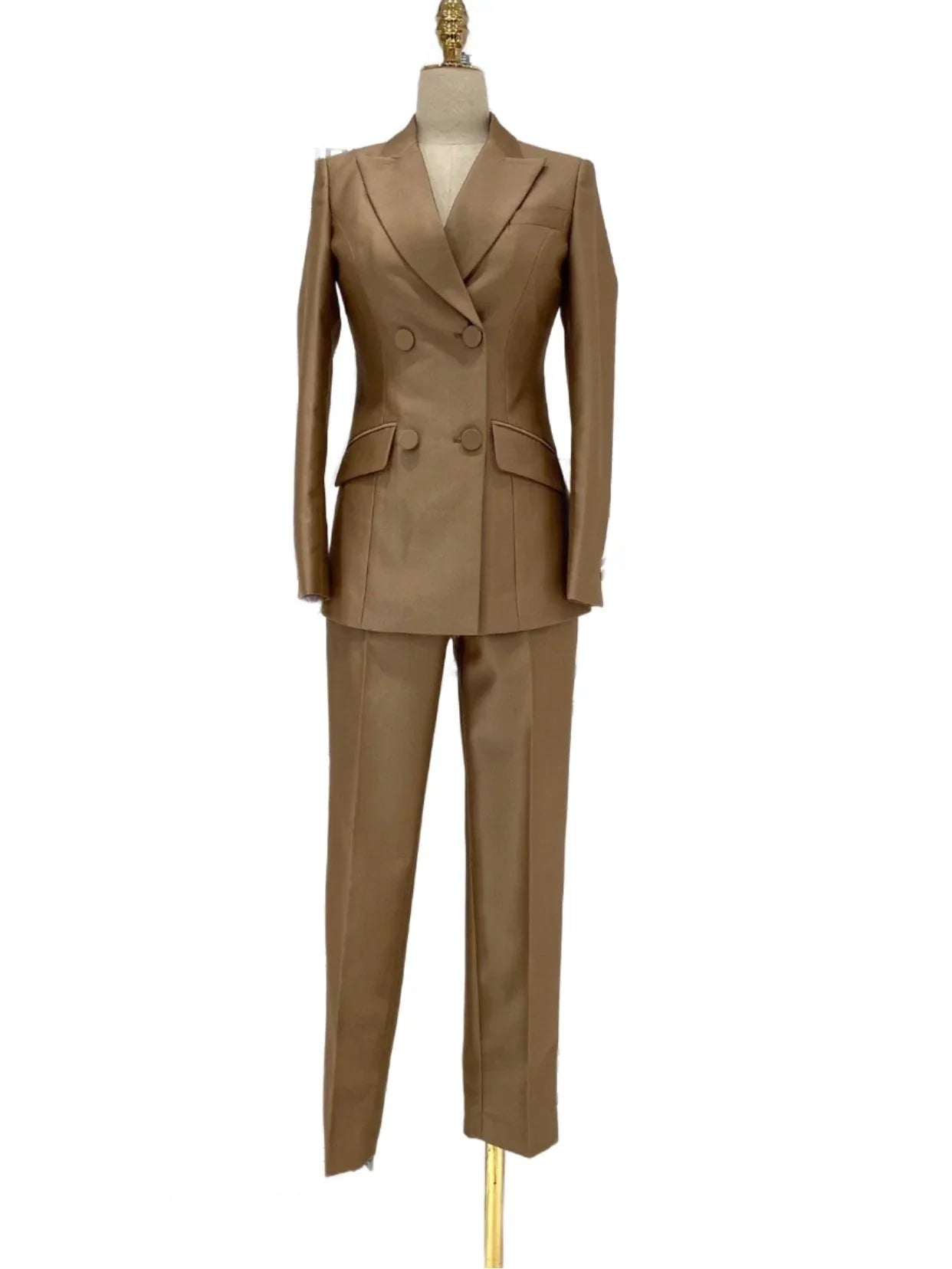 Khaki Worsted Wool Double-Breasted Slim Fit Pant Suit -Guocali