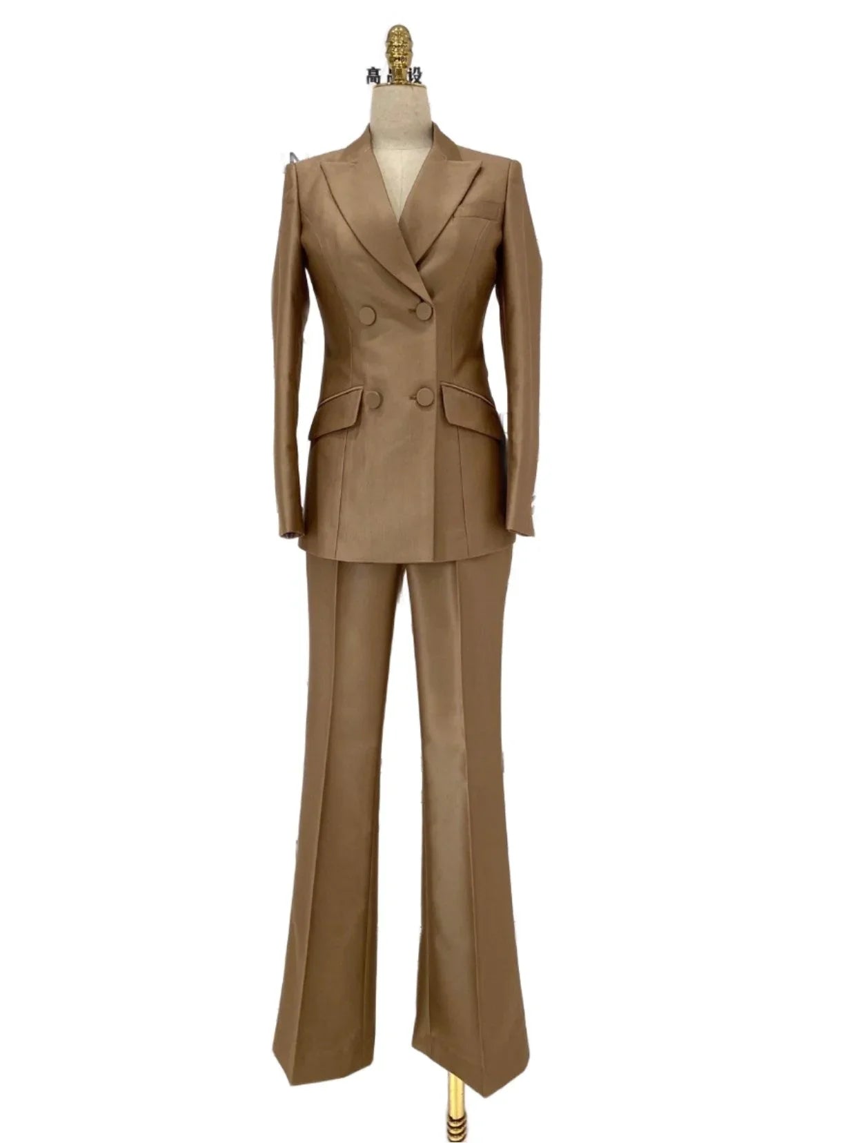Khaki Worsted Wool Double-Breasted Slim Fit Pant Suit -Guocali