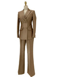 Khaki Worsted Wool Double-Breasted Slim Fit Pant Suit -Guocali