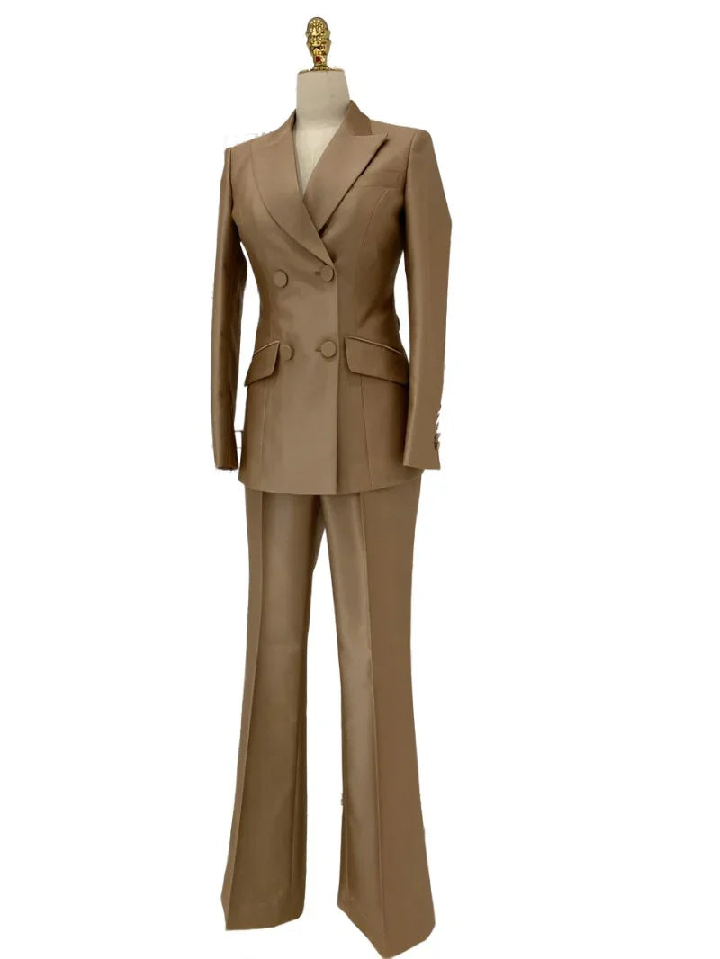 Khaki Worsted Wool Double-Breasted Slim Fit Pant Suit -Guocali