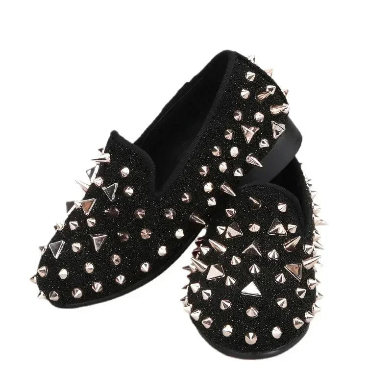 Kids Loafers Black Suede Kid's Loafers with Rose Gold Rivets: Red Bottom -Guocali