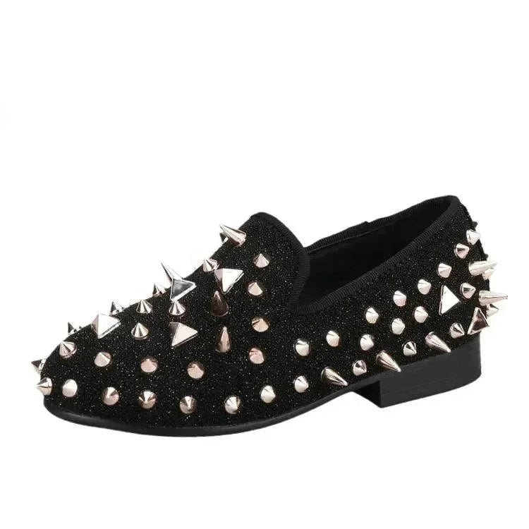 Kids Loafers Black Suede Kid's Loafers with Rose Gold Rivets: Red Bottom -Guocali