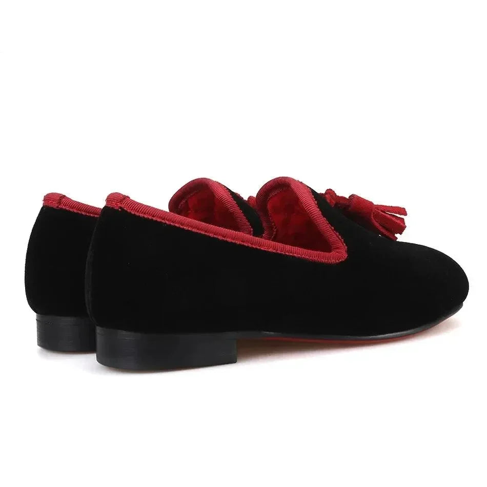 Kids Loafers Black Velvet Children's Loafers with Tassels -Guocali