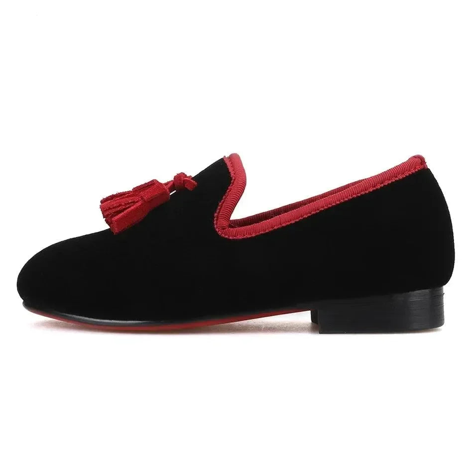 Kids Loafers Black Velvet Children's Loafers with Tassels -Guocali