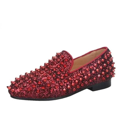 Kids Loafers Bold Spikes: Handmade Red Kids Loafers Shoes -Guocali