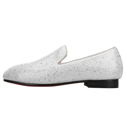 Kids Loafers Crystal Gleam: Handmade Silver Leather Parent-Child Loafers - Red Bottoms -Guocali