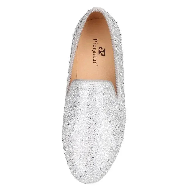 Kids Loafers Crystal Gleam: Handmade Silver Leather Parent-Child Loafers - Red Bottoms -Guocali