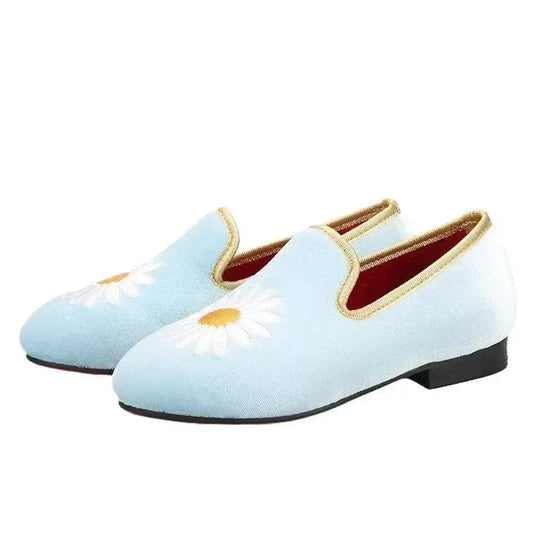 Kids Loafers Daisy Dreams: Handmade Toddler Loafers in Sky Blue Velvet with Charming Daisy Embroidery -Guocali