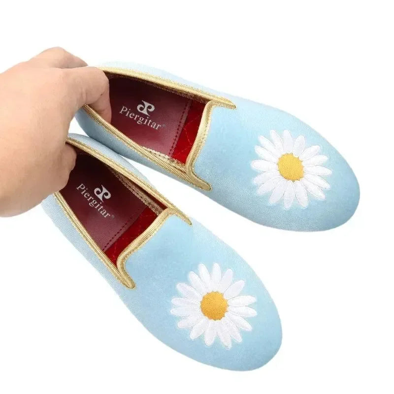 Kids Loafers Daisy Dreams: Handmade Toddler Loafers in Sky Blue Velvet with Charming Daisy Embroidery -Guocali