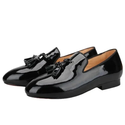 Kids Loafers Gleam & Glide: Black Patent Leather Kid Loafers with Tassel Charm -Guocali
