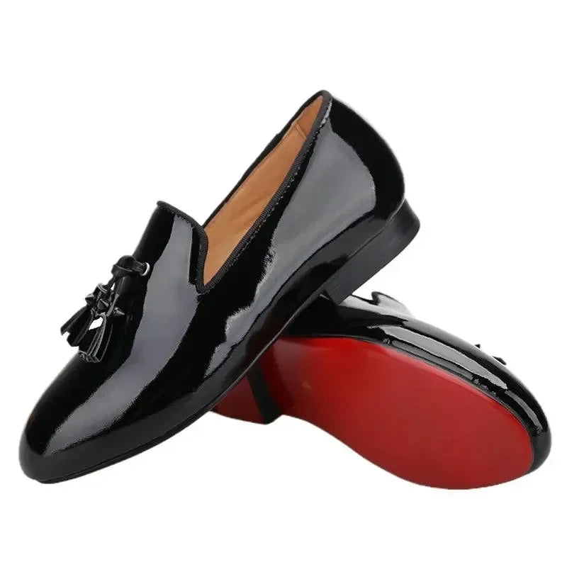Kids Loafers Gleam & Glide: Black Patent Leather Kid Loafers with Tassel Charm -Guocali