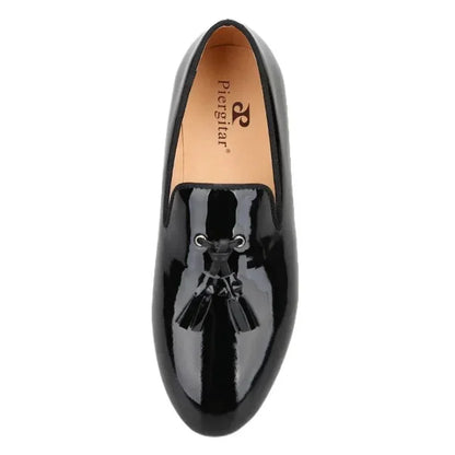 Kids Loafers Gleam & Glide: Black Patent Leather Kid Loafers with Tassel Charm -Guocali