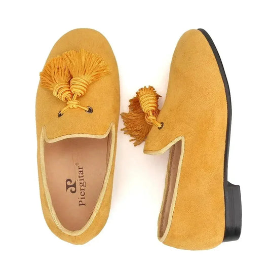 Kids Loafers Gold Suede Kids' Loafer Shoes: Tassel Party Shoes with Signature Red Bottom -Guocali