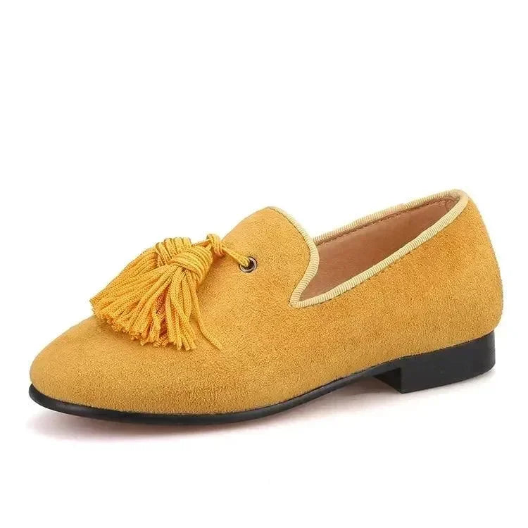 Kids Loafers Gold Suede Kids' Loafer Shoes: Tassel Party Shoes with Signature Red Bottom -Guocali