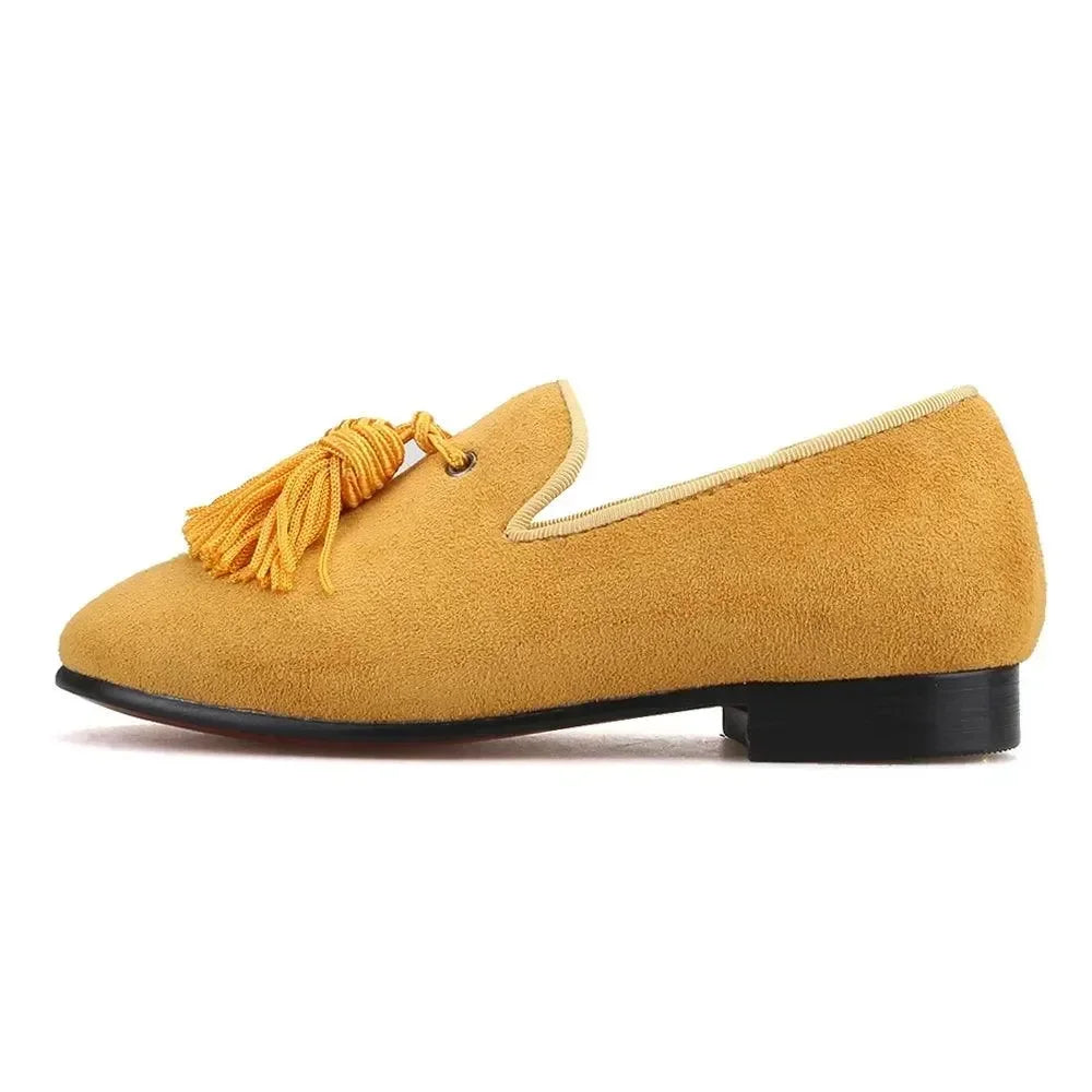 Kids Loafers Gold Suede Kids' Loafer Shoes: Tassel Party Shoes with Signature Red Bottom -Guocali
