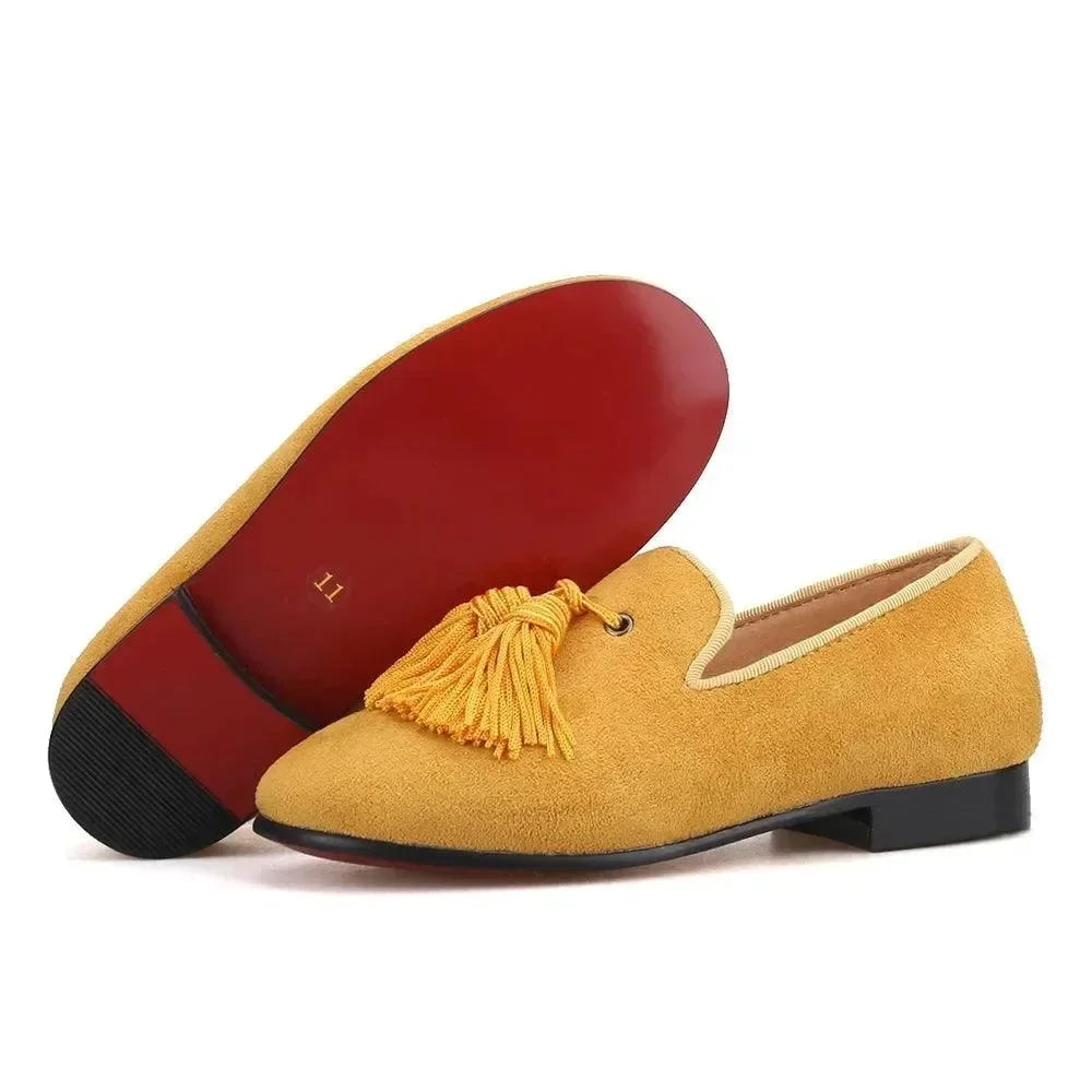 Kids Loafers Gold Suede Kids' Loafer Shoes: Tassel Party Shoes with Signature Red Bottom -Guocali