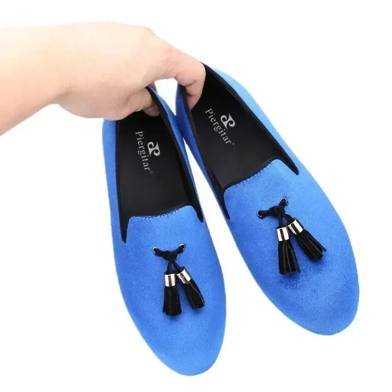Kids Loafers Klein Blue Velvet Parent-Child Loafers with Gold Buckle Tassel Detail -Guocali