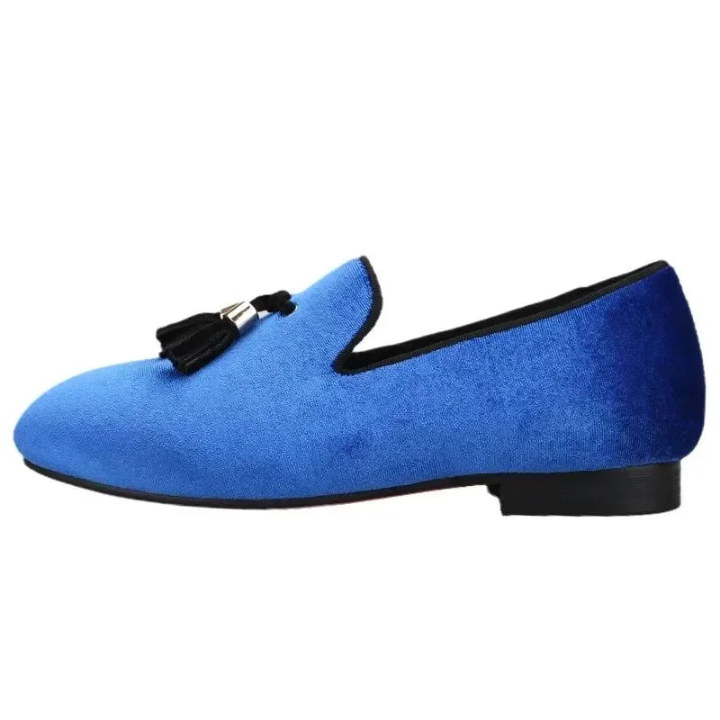 Kids Loafers Klein Blue Velvet Parent-Child Loafers with Gold Buckle Tassel Detail -Guocali