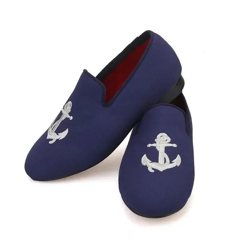 Kids Loafers Nautical Charm: Handcrafted Navy Canvas Children's Loafers with Embroidery -Guocali