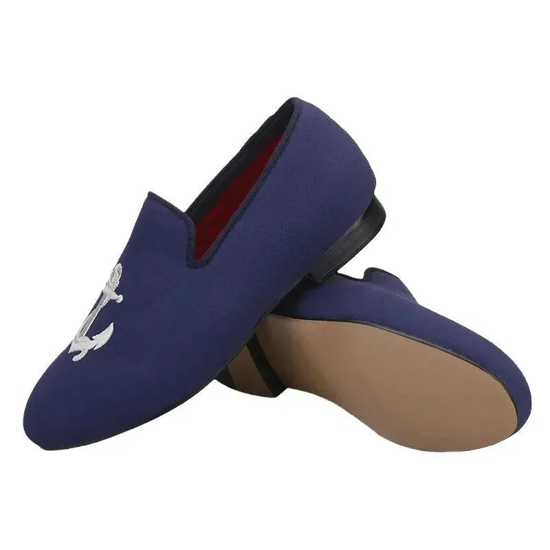 Kids Loafers Nautical Charm: Handcrafted Navy Canvas Children's Loafers with Embroidery -Guocali