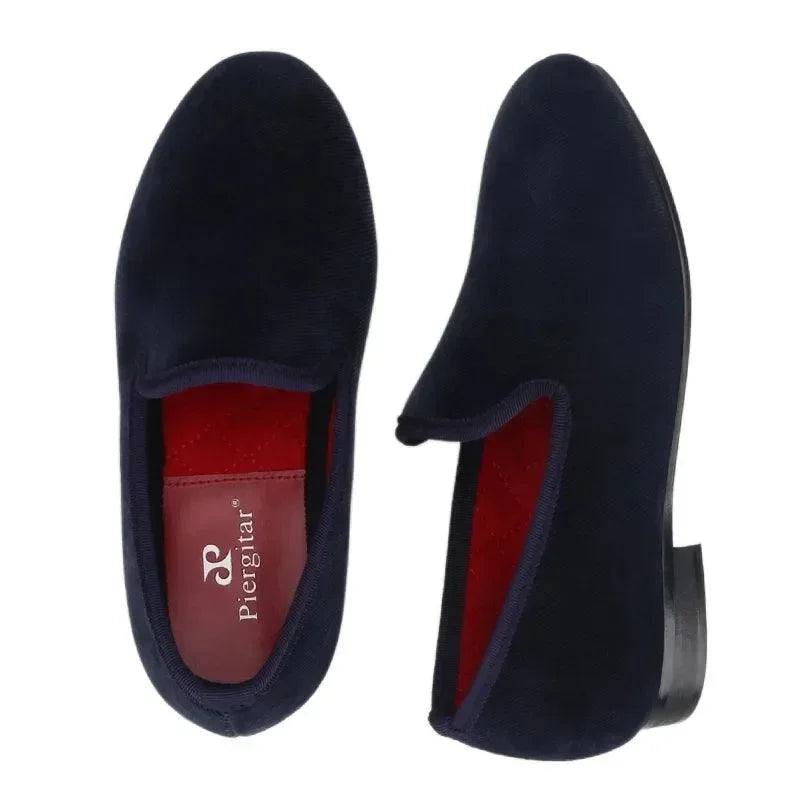 Kids Loafers Nautical Twill: Handmade Navy Parent-Child Loafers with Red Outsole -Guocali