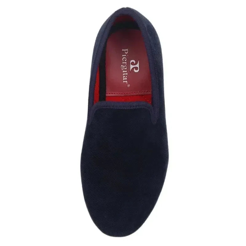 Kids Loafers Nautical Twill: Handmade Navy Parent-Child Loafers with Red Outsole -Guocali