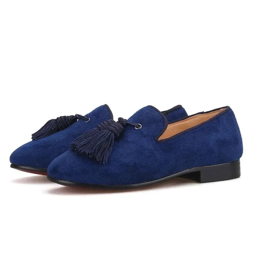 Kids Loafers Navy Suede Kids' Smoking Tassel Loafers for Parties and Birthdays with Red Bottoms -Guocali