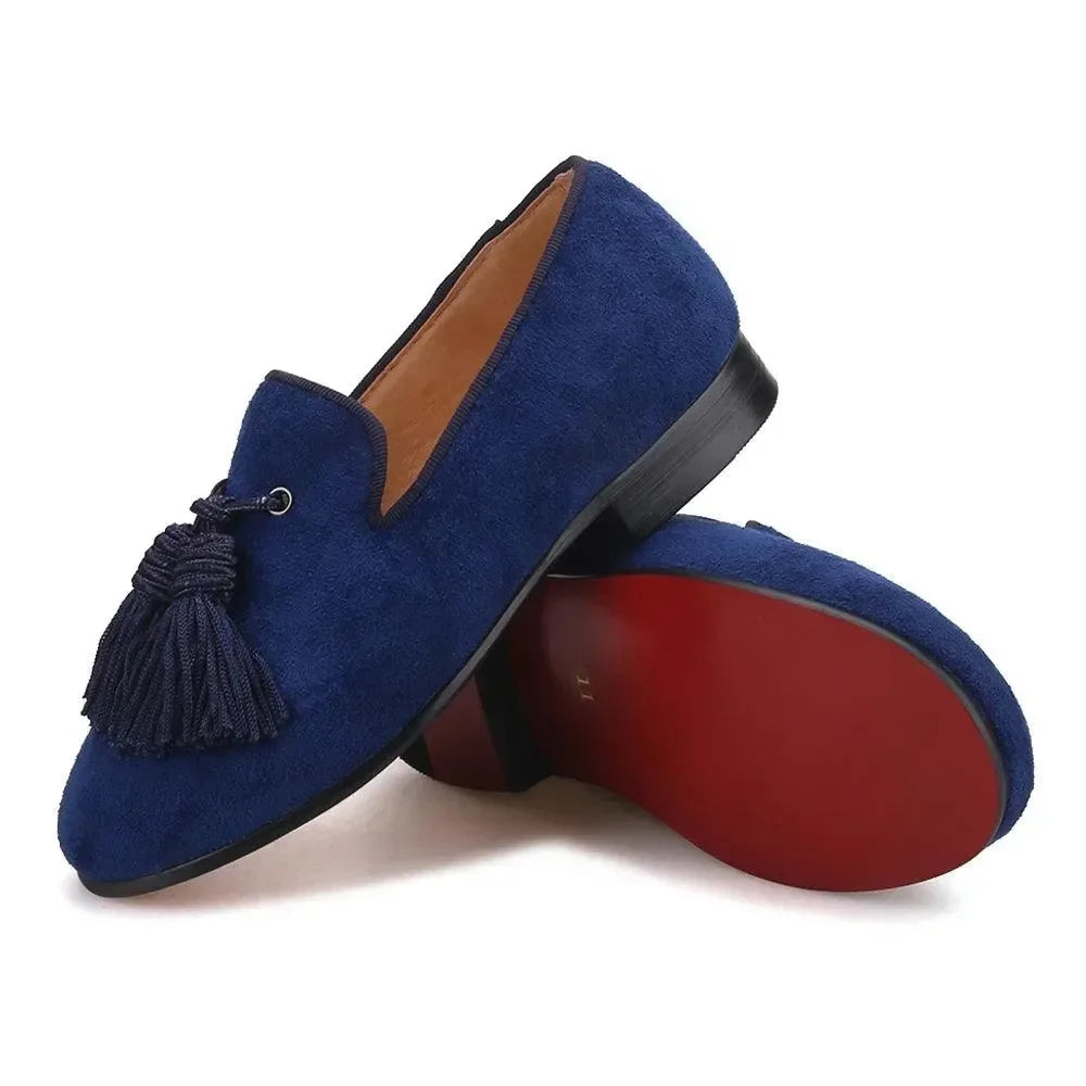 Kids Loafers Navy Suede Kids' Smoking Tassel Loafers for Parties and Birthdays with Red Bottoms -Guocali